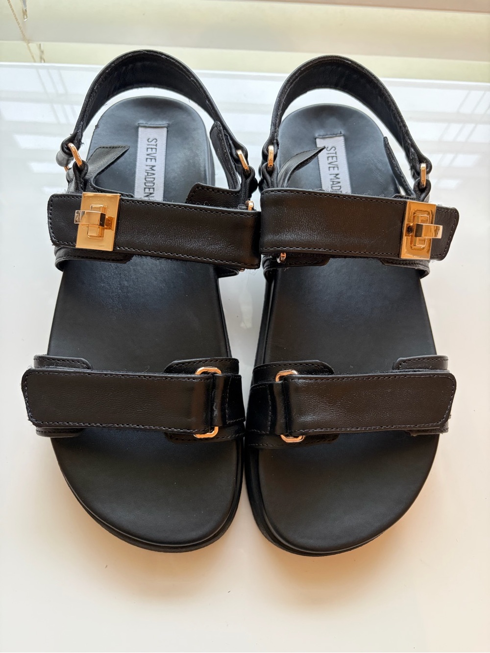 Steve Madden Black Platform Sandals with Gold Accents - Picture 2 of 5